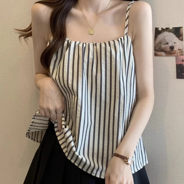 高级感条纹吊带女外穿小背心宽松遮肚设计感褶皱法式无袖上衣夏季