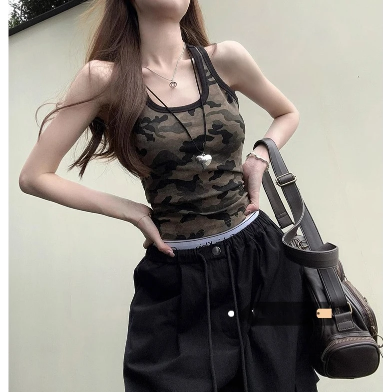 迷彩复古吊带背心女夏季新款显瘦美式辣妹短款修身外穿甜酷上衣
