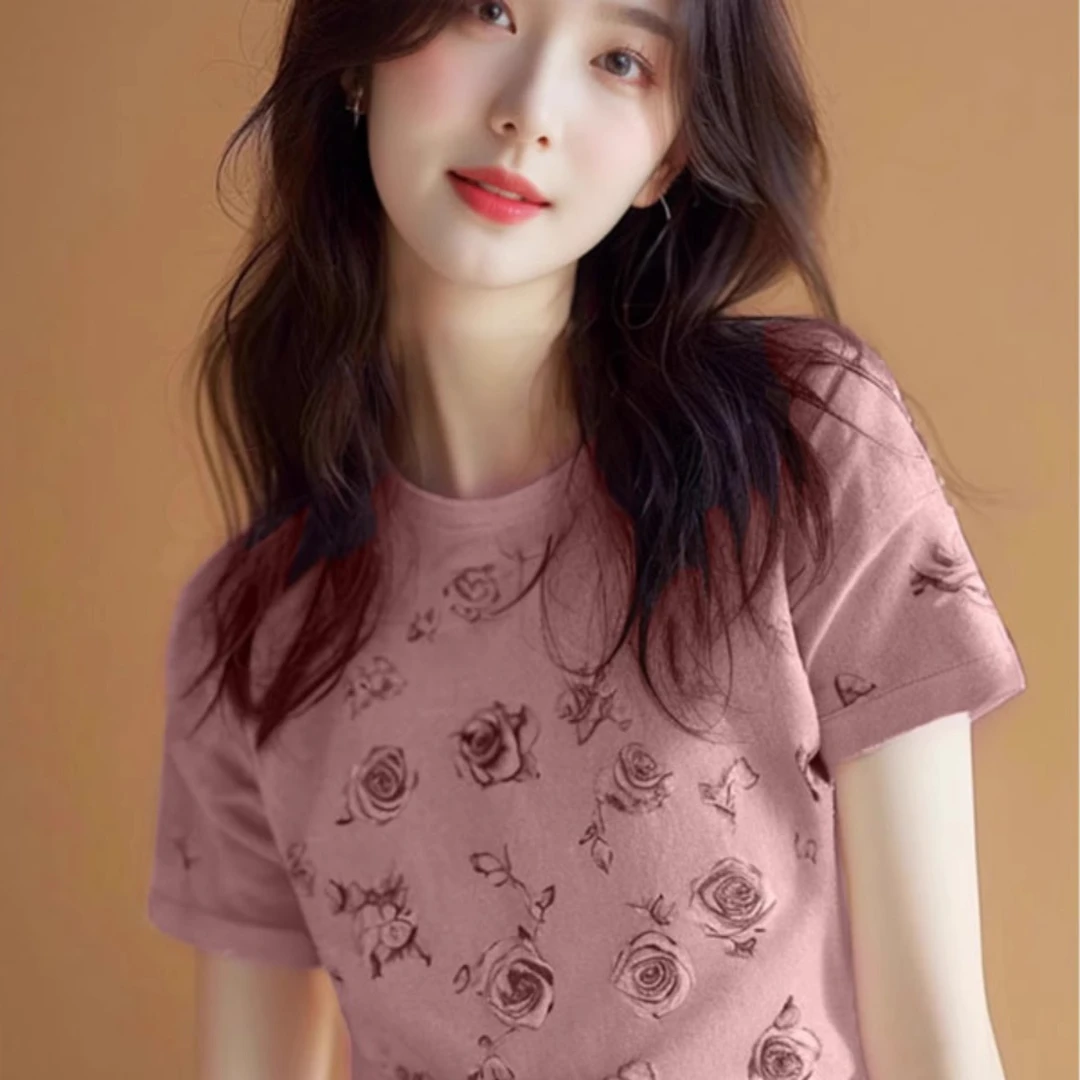 2025新款爆款设计感夏季气质短款上衣粉色印花正肩短袖t恤女夏款