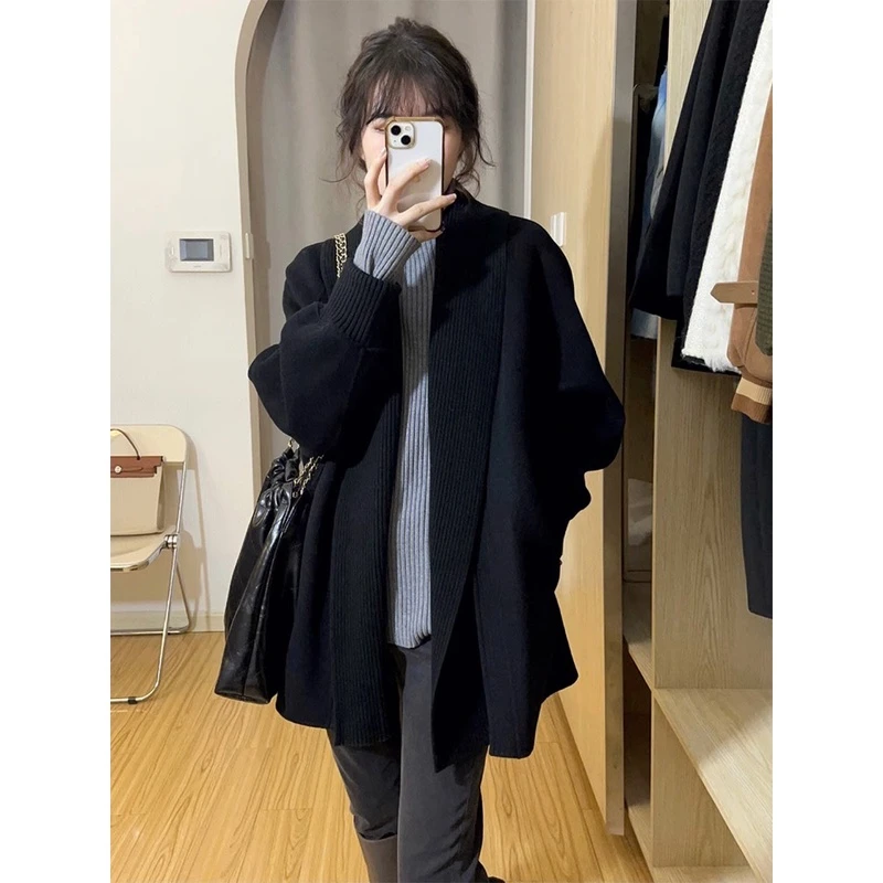 复古法式黑色毛衣外套开衫女秋季新款宽松慵懒风中长款针织上衣
