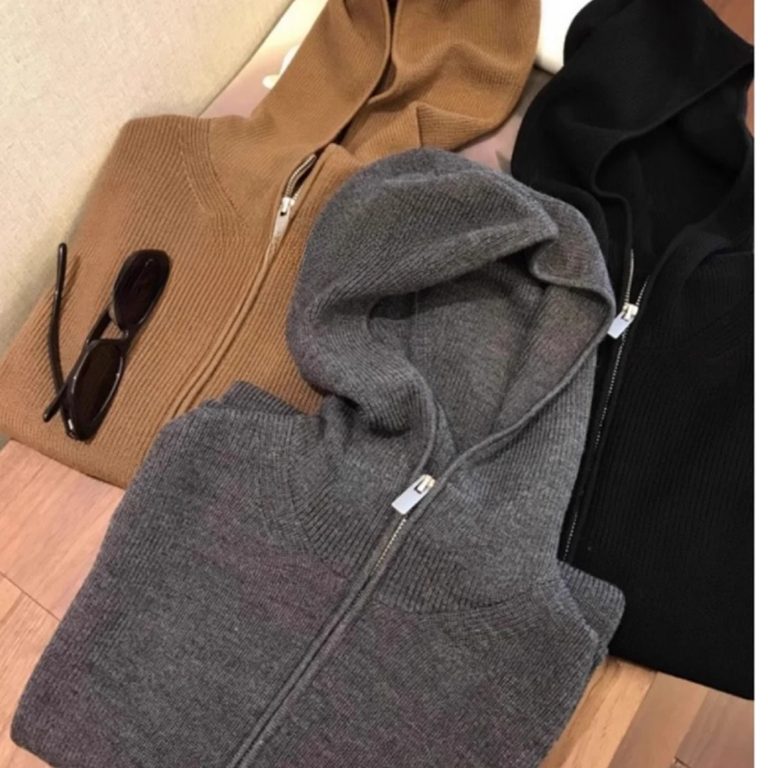 慵懒风连帽灰色毛衣外套女秋季复古高级感针织衫百搭宽松针织开衫