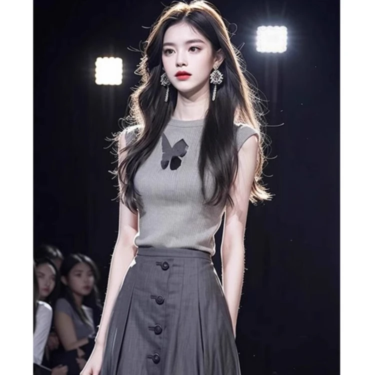 2025新款名媛女装高端高级感小洋装灰色无袖上衣半身裙套装女夏季