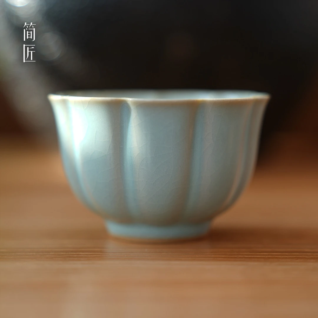 简匠 天青开片汝窑大菊瓣杯主人杯冰裂纹开片可养