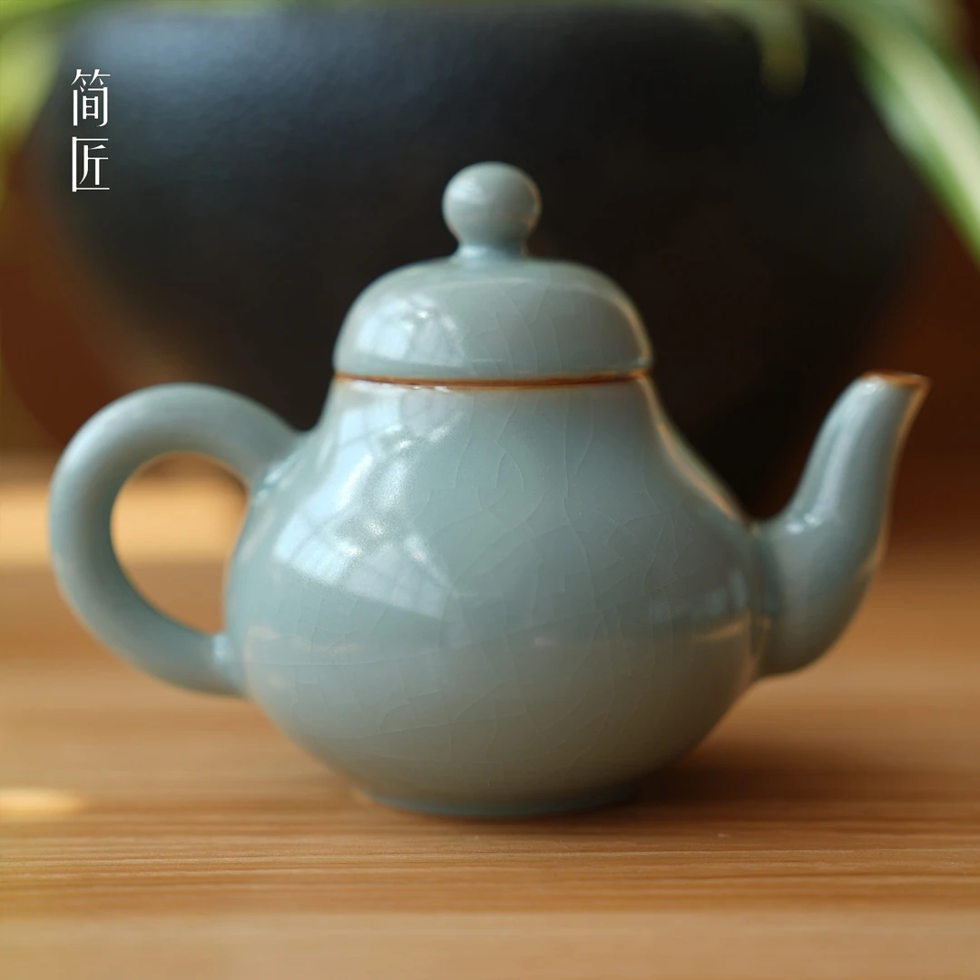 简匠 汝窑青杰灰青釉思亭壶开片可养汝瓷茶壶