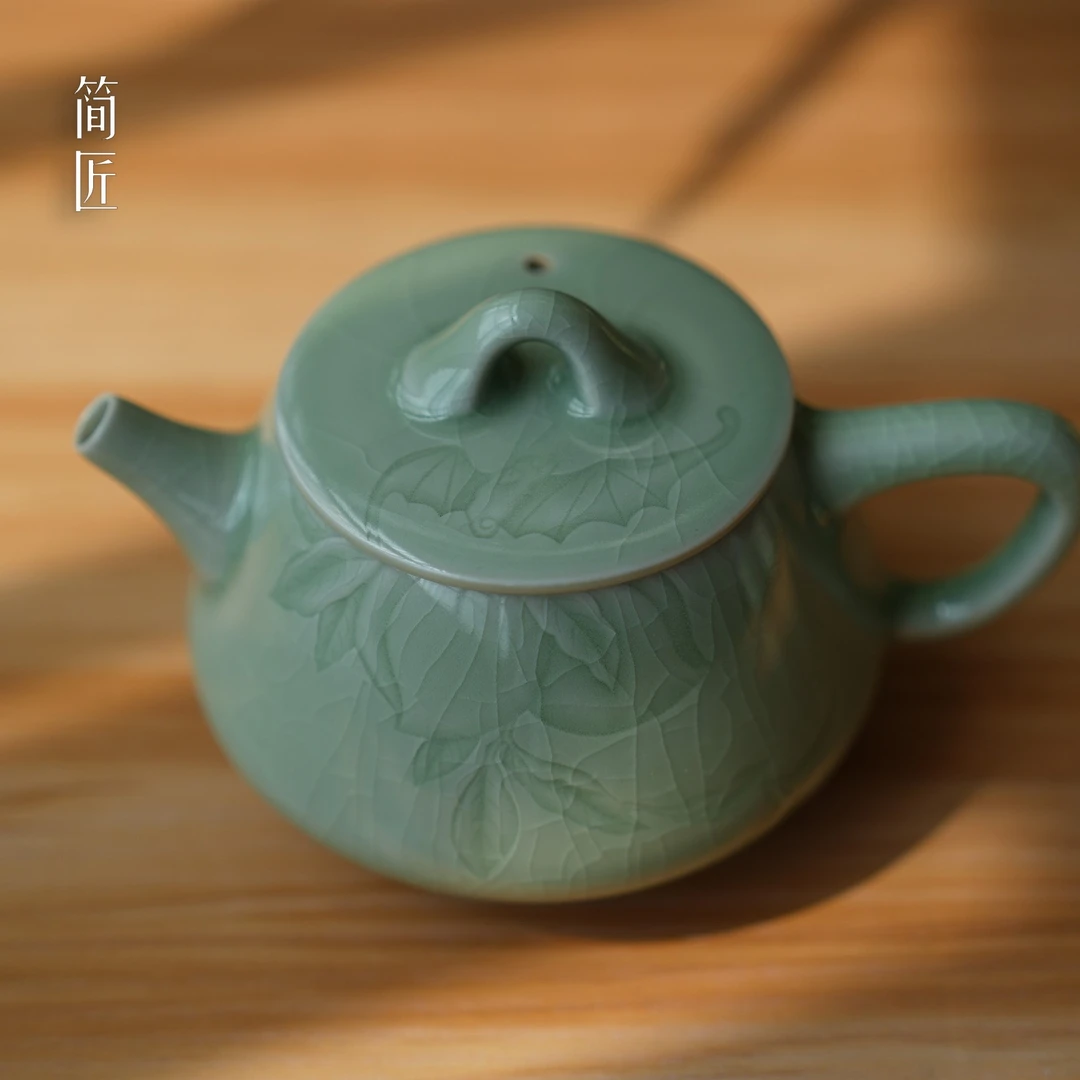 简匠 汝窑当代高端豆绿釉汝雕福寿石瓢壶支钉满釉匠人手作石瓢壶
