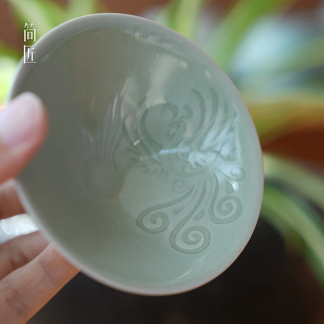 简匠 高端汝窑豆绿釉手刻凤凰斗笠杯开片可养汝瓷杯