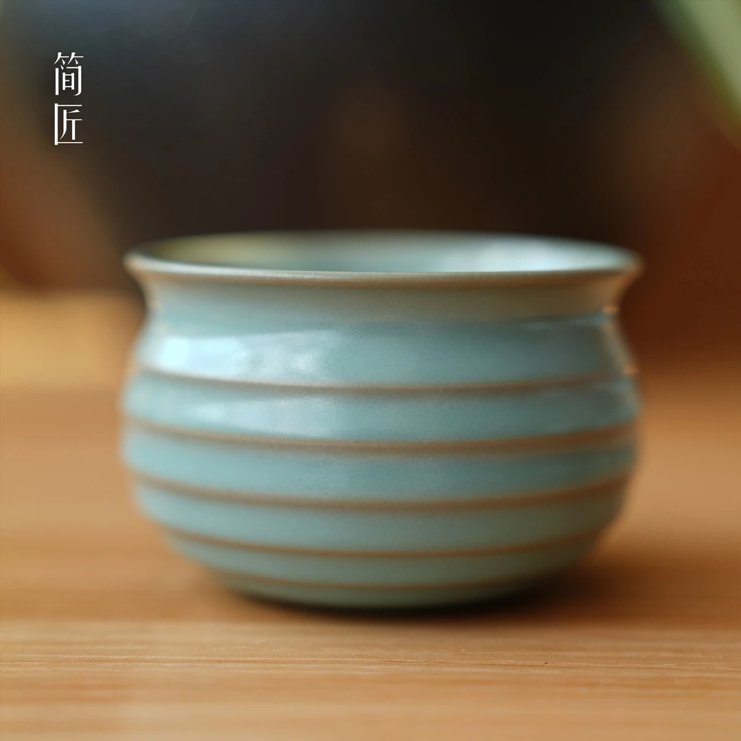简匠 汝窑仿古釉钱袋杯支钉满釉螺纹杯汝瓷主人杯