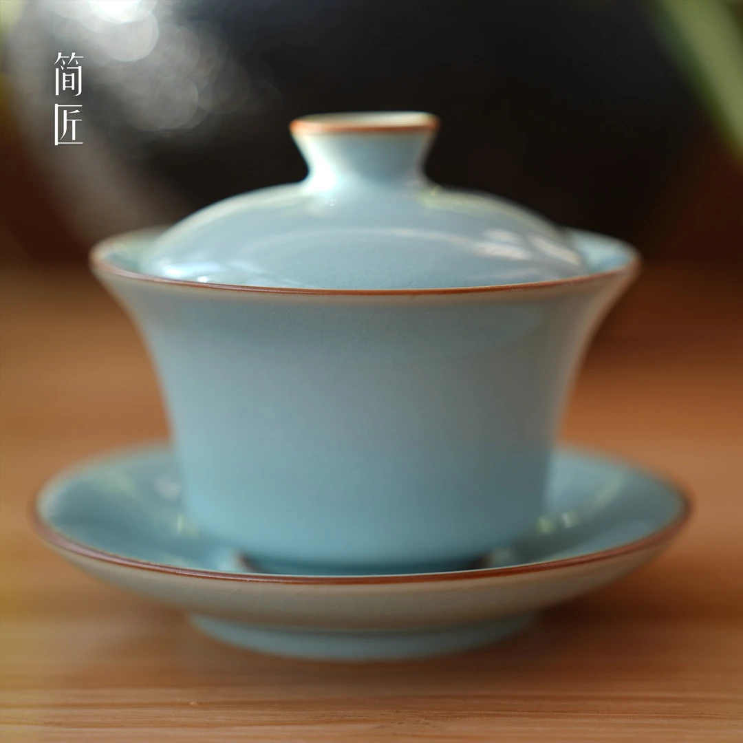 简匠 汝窑晓月天青敞口马蹄盖碗开片可养汝瓷盖碗150cc