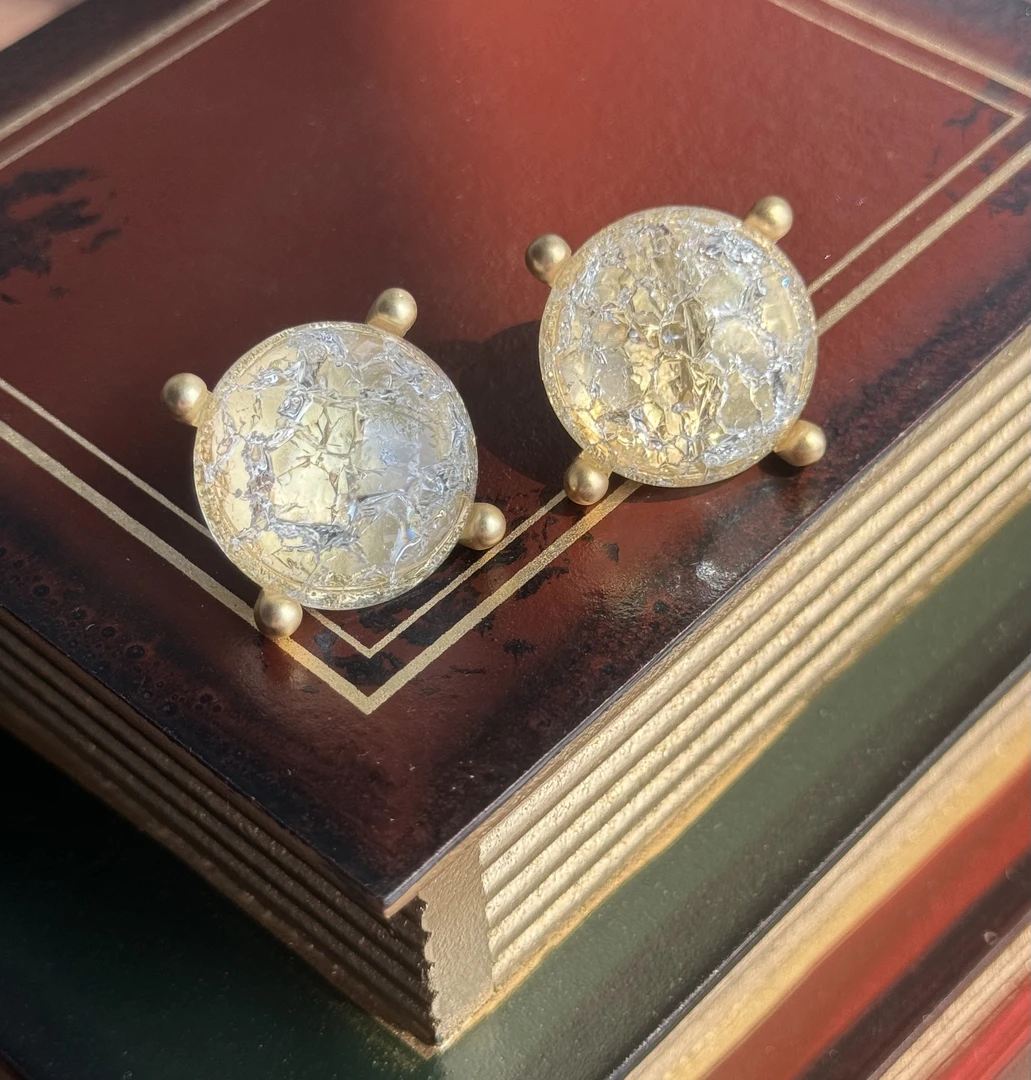 铜合金耳饰 Vintage 铜镀真金中古爆裂琉璃水晶耳钉