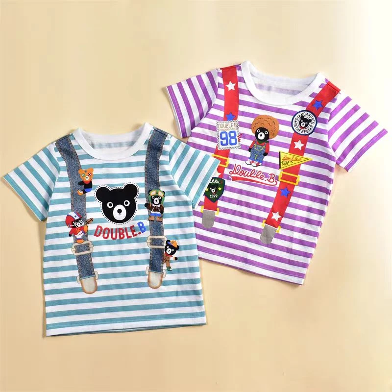 夏季MK儿童条纹背带纯棉短袖T印花款