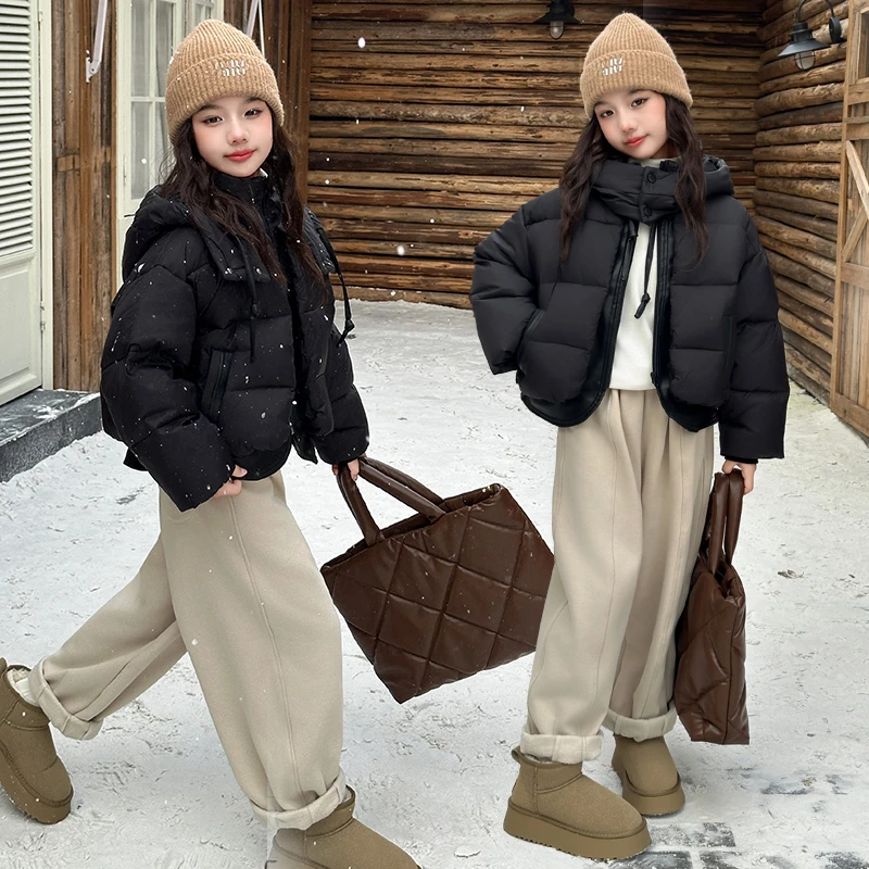 2024冬季新款女童连帽羽绒服中大童女孩短款加厚假两件面包服外套