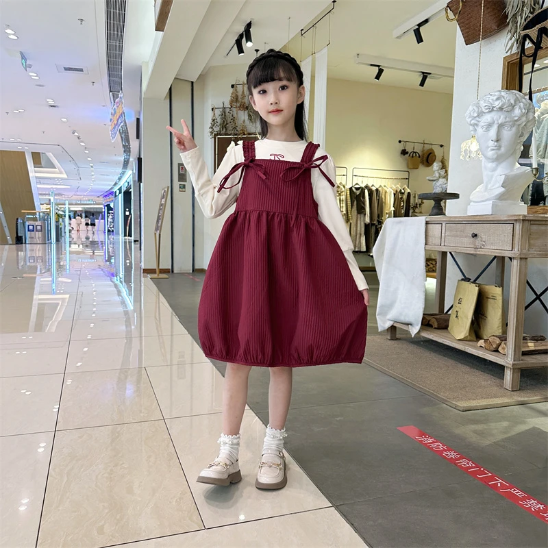 女童连衣裙2025新款时髦背带裙春季套装女孩洋气红色春装大童裙子