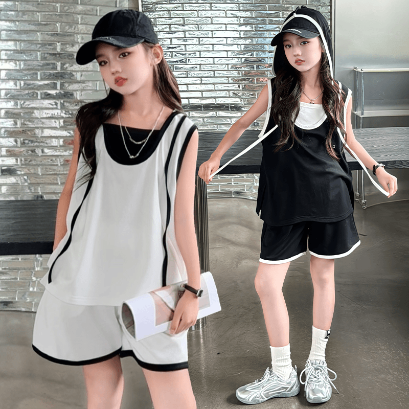 女童套装夏款2024新款时髦洋气薄款背心连帽篮球T短裤运动两件套