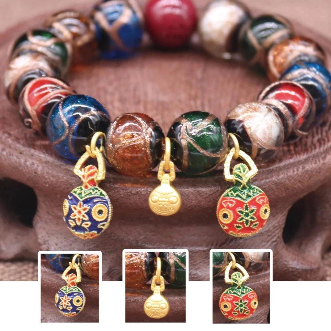 非金属玻璃手链 【秦师推荐】黄財 神五彩琉璃手链新中式古法国风