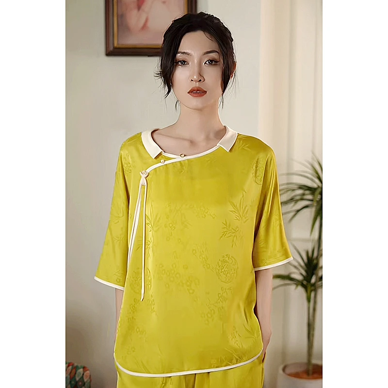 达芬奇密码复古中国风提花女装夏季时尚新中式气质套装睡衣薄款