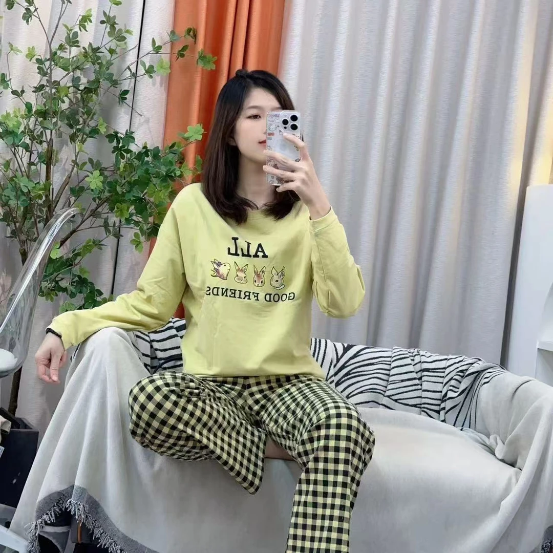 春秋爽棉睡衣女长袖长裤时尚休闲百搭女士宽松格子印花圆领可外穿