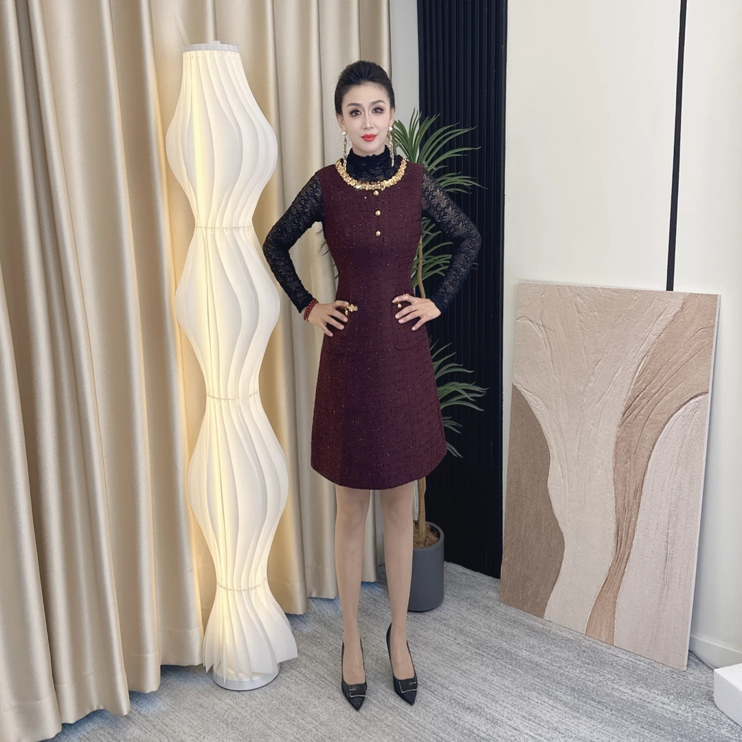 A698显瘦气质时尚复古修身中长袖日常女装马甲连衣裙名媛优雅轻奢