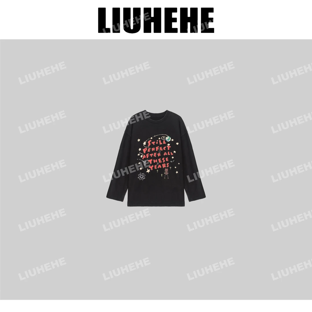 【呵呵家】彩色星球 欧美秋季字母做旧圆领宽松长袖T恤衫 1959