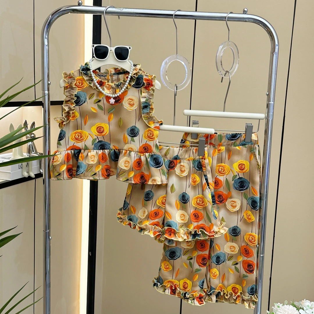 【优优现货】女童夏装套装2024夏季新款女孩无袖修身上衣碎花三件套