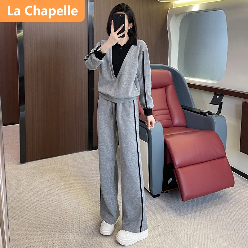 拉夏贝尔潮流时尚运动休闲套装女秋季时尚撞色polo领卫衣阔腿裤套