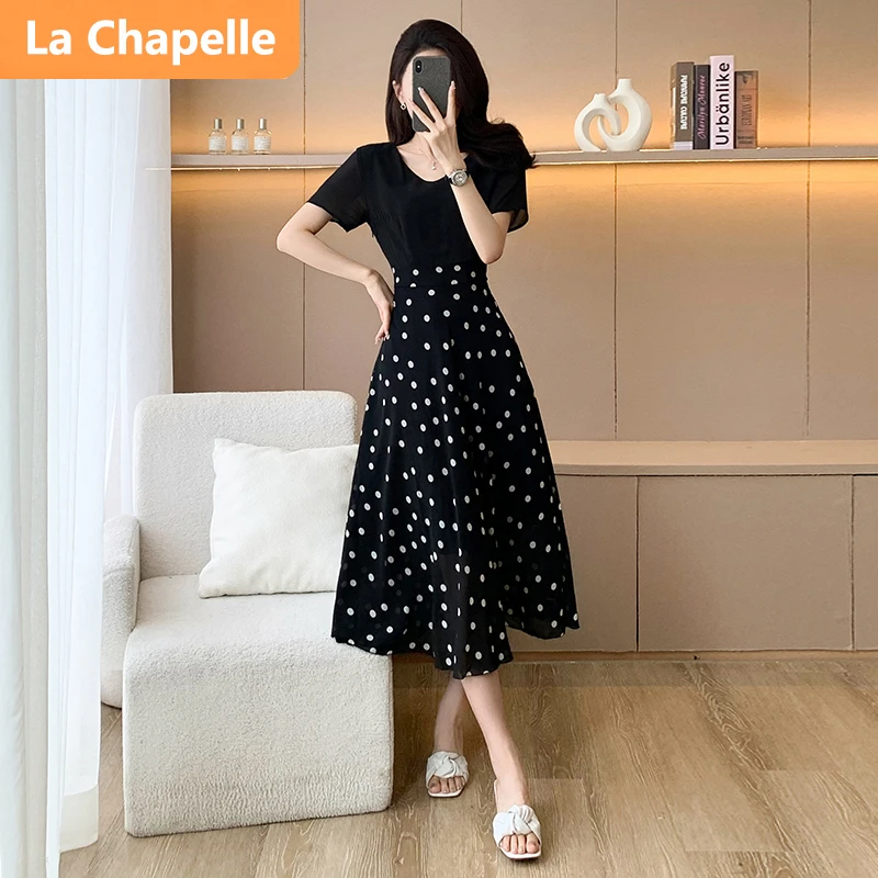 拉夏贝尔复古港风优雅通勤连衣裙女夏季2024新款拼接波点中长款裙