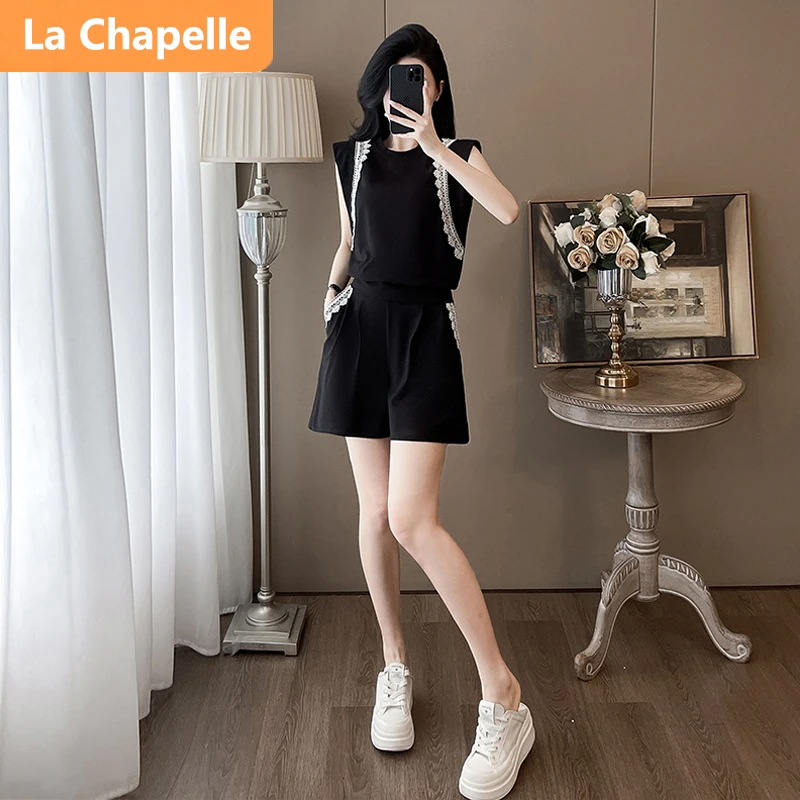 拉夏贝尔韩版简约休闲时尚套装女夏2024新款减龄炸街宽松短袖短裤