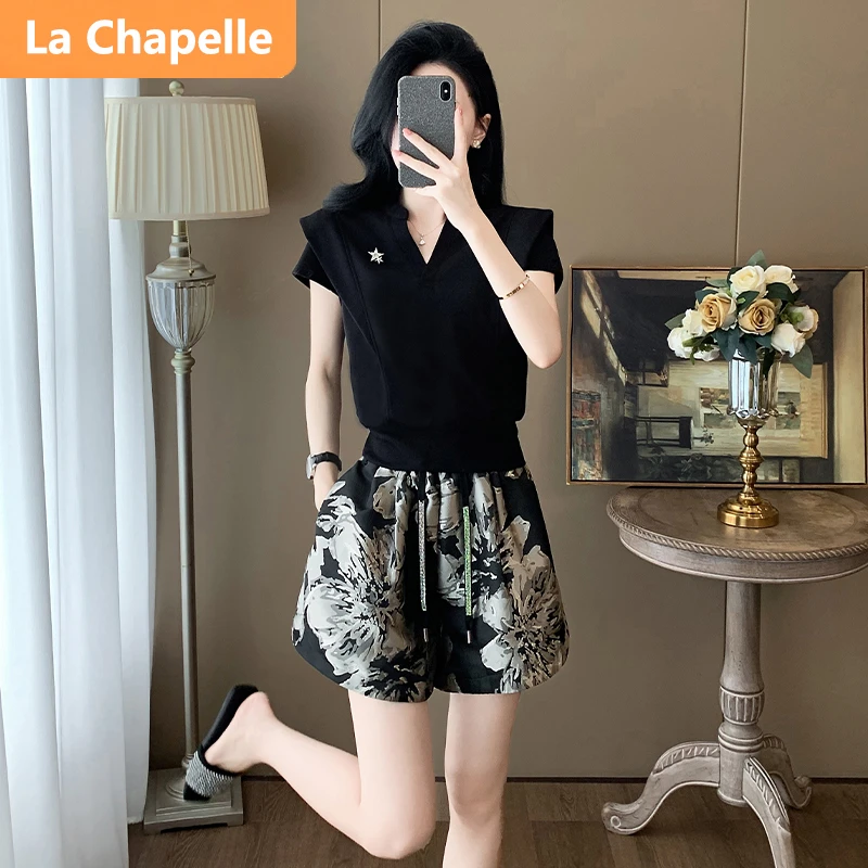 拉夏贝尔时尚套装女夏季休闲显瘦上衣洋气宽松印花高腰短裤两件套