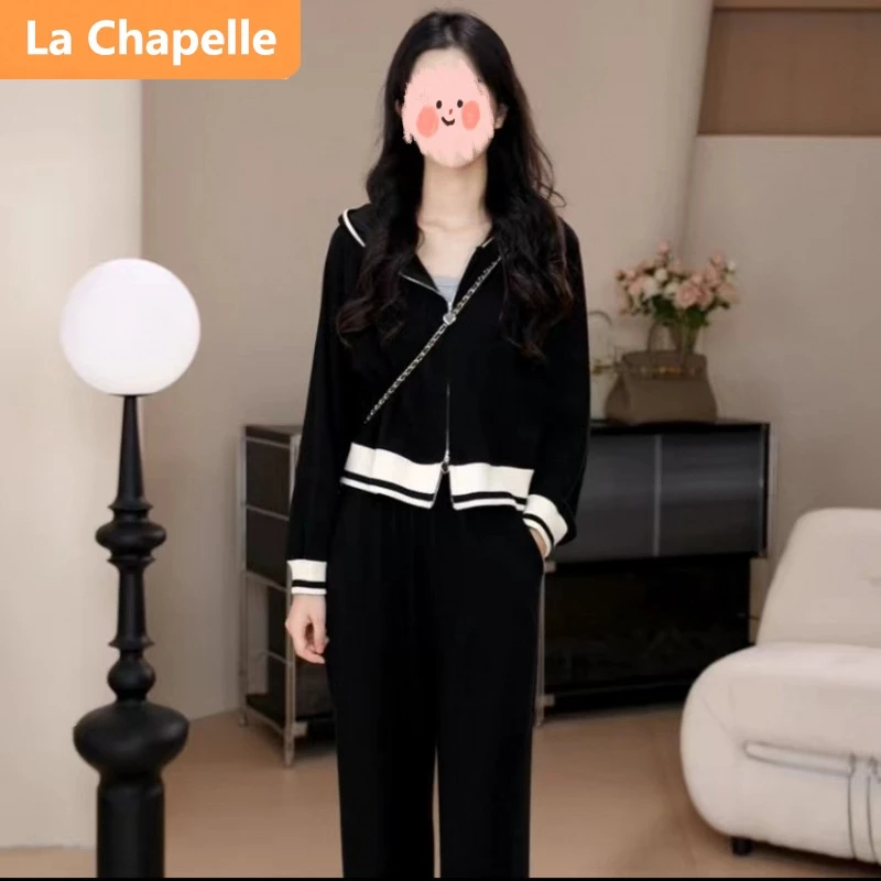 拉夏贝尔韩版气质休闲风针织套装女秋冬季显瘦撞色拉链毛衣阔腿裤