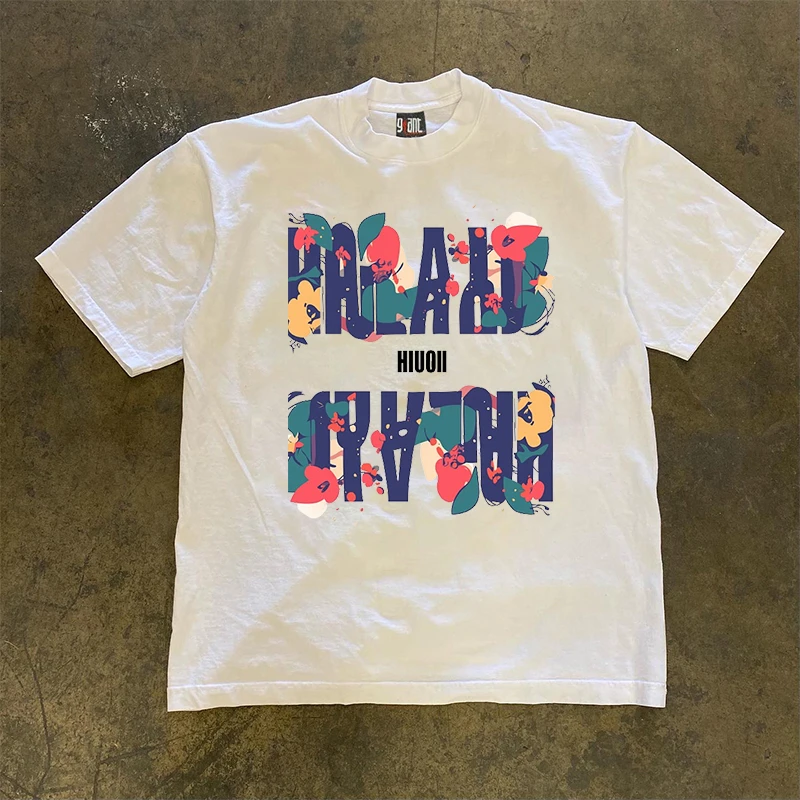 230g美式重磅不透彩色花草印花时尚ins小众款男女纯棉宽松男款t恤