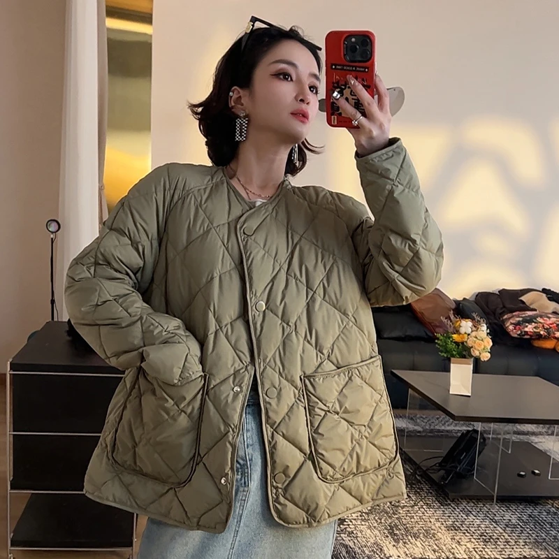 断码特价 2025新款保暖羽绒服菱形格外套宽松轻薄不压身休闲百搭