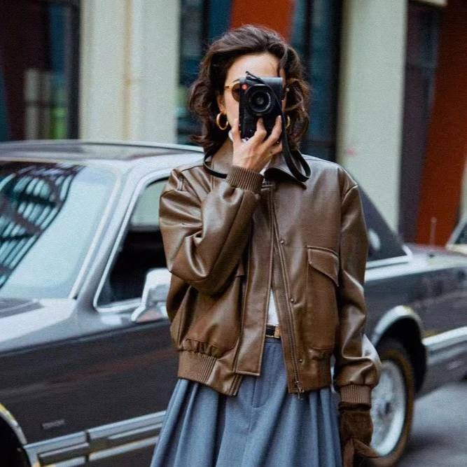 【复古港风】2025春季新款油蜡绵羊皮美式短款空军夹克ins外套时尚