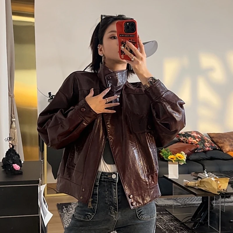 2025新款油蜡绵羊皮真皮上衣外套春秋款简约休闲皮夹克女外套