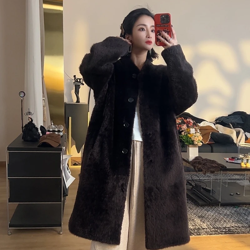 日落大道 新款西班牙进口A级拉贡LACON皮毛一体长款小V领长款风衣