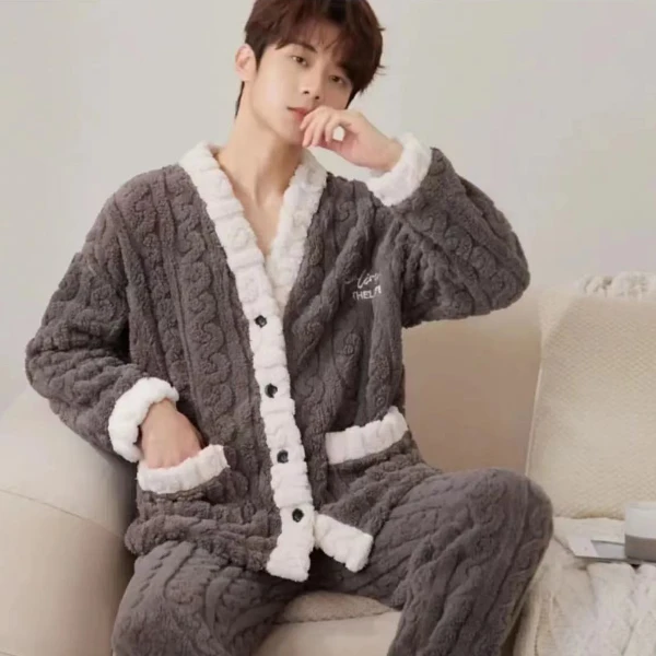 男款灰色印花开衫 冬季睡衣珊瑚绒加绒加厚网红 男款学生 ins毛绒