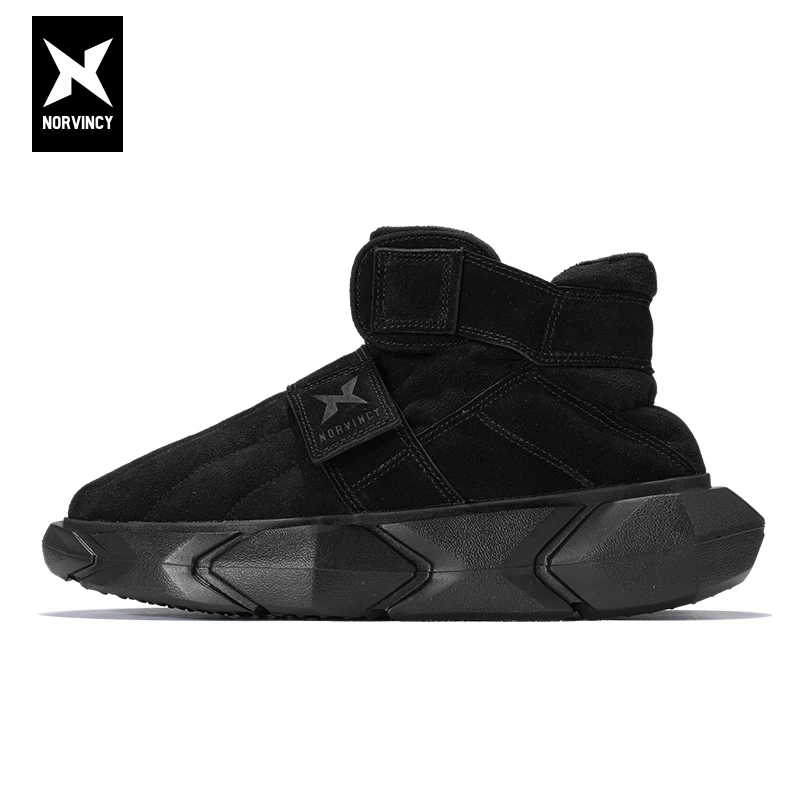 诺凡希冬季纯色中帮雪地靴厚底增高男女魔术贴反绒拼接二棉面包鞋