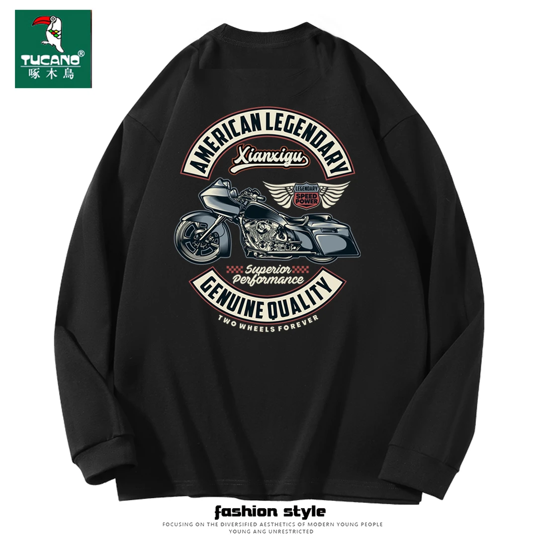 啄木鸟重磅长袖t恤秋季新款纯棉男女宽松圆领百搭印花纯棉半袖ins