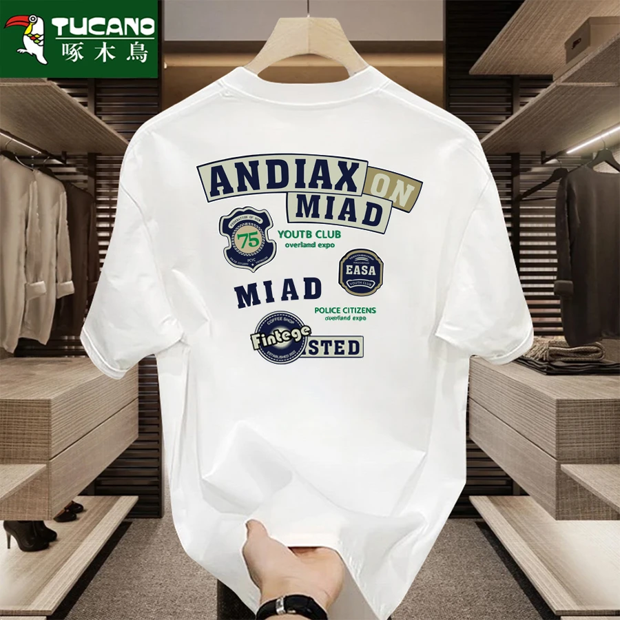 啄木鸟夏季新款纯棉短袖t恤男女潮流宽松圆领百搭印花全棉半袖ins