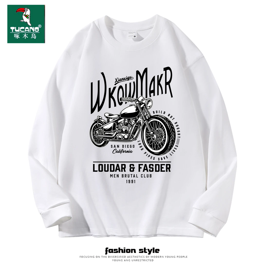 啄木鸟重磅长袖t恤秋季新款纯棉男女宽松圆领百搭印花纯棉半袖ins