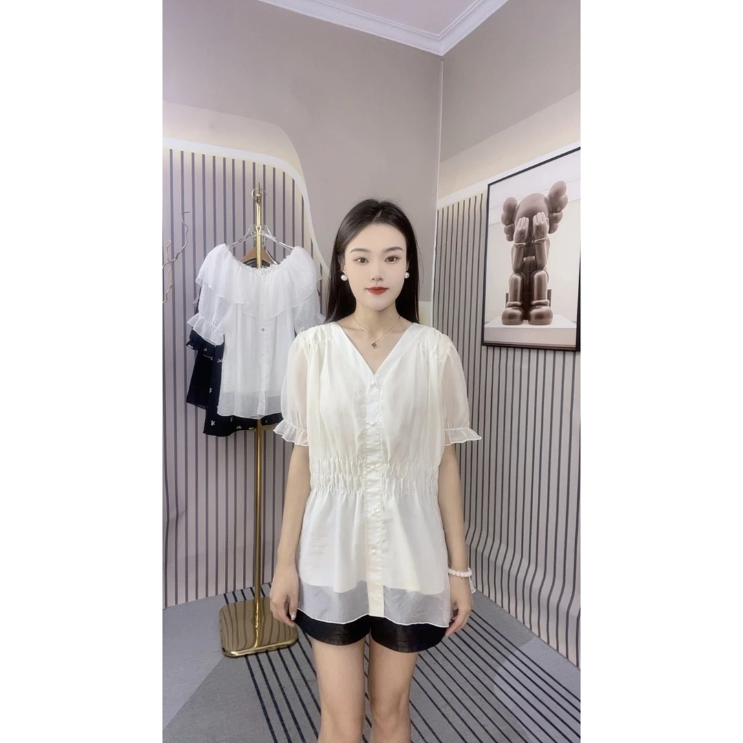 夏季新款法式收腰显瘦上衣女