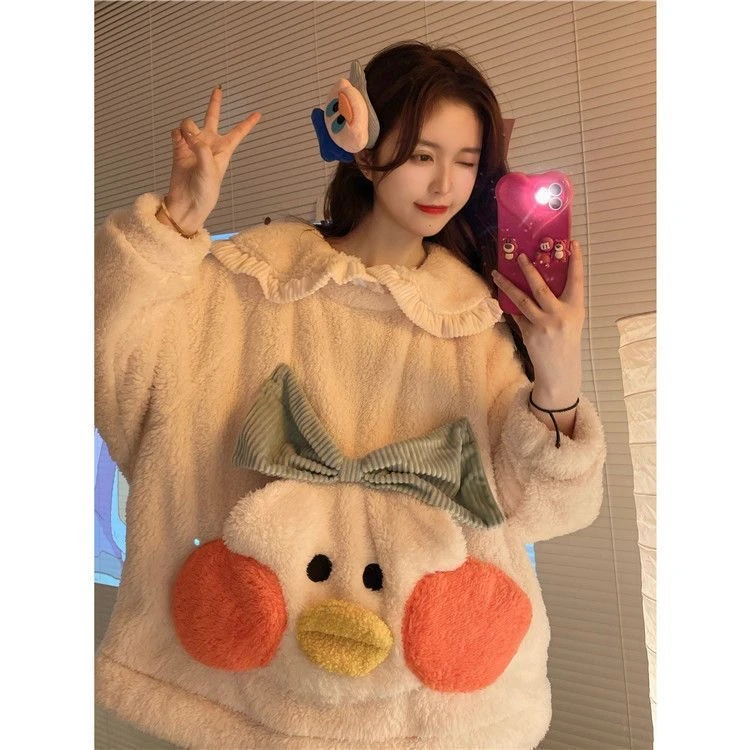 秋冬季加厚加绒长袖可爱鸭子新款冬天学生家居服套装睡衣女