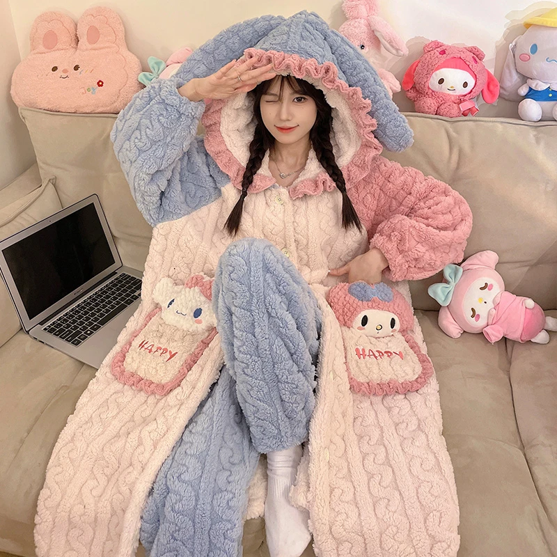 小个子女生睡袍冬季法兰绒卡通连帽网红款保暖时尚ins睡衣家居服