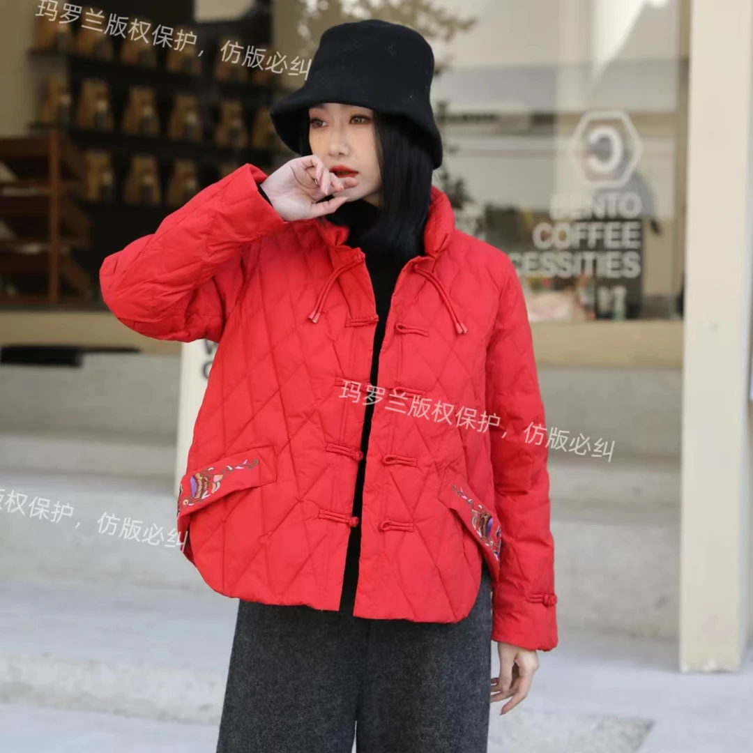 玛罗兰 保暖 菱格小A刺绣上衣立领