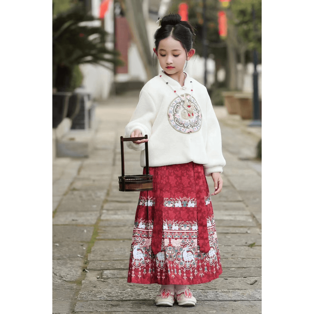 巴啦吧啦过年新款加绒马面裙儿童套装女童中国风拜年服汉服连衣裙