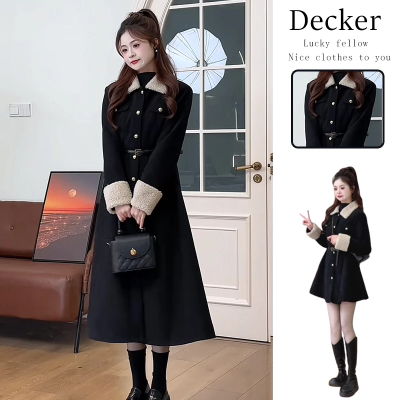 时尚冬季一整套女装2024新款韩版气质翻领中长款收腰显瘦外套大衣