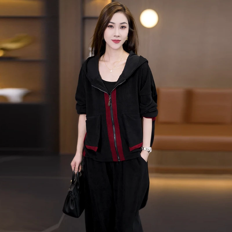 2024秋冬宽松连帽哈伦裤女套装大码短外套显瘦时尚洋气两件套