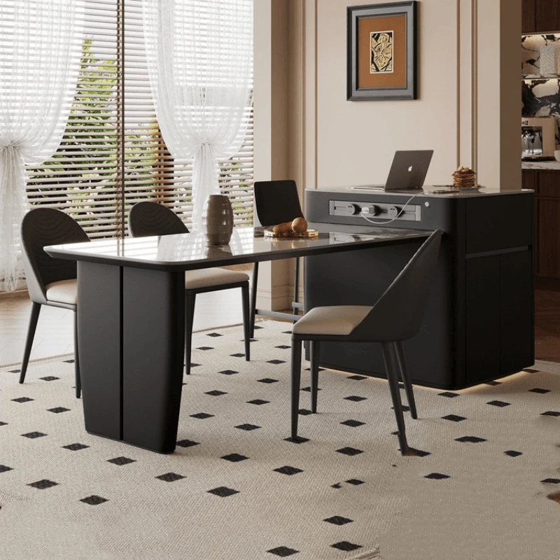 纯黑岩板岛台餐桌一体家用可伸缩中古风餐厅导台小户型带电磁炉