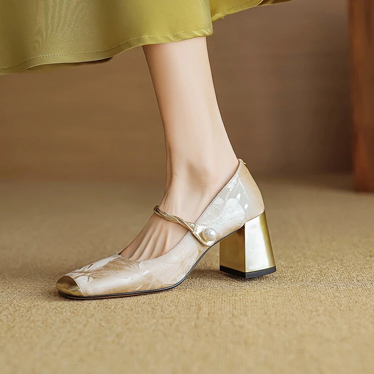 牛皮[7cm]方头浅口单鞋柳叶纹国风高跟鞋复古真皮粗跟单鞋玛丽珍