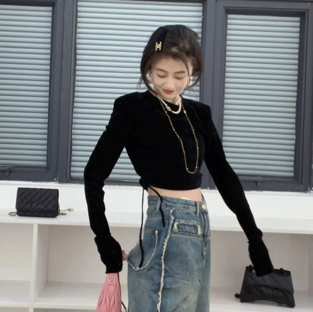 网纱丝绒植绒性感抽绳修身显瘦长袖上衣 高级感气质、垫肩开叉轻薄