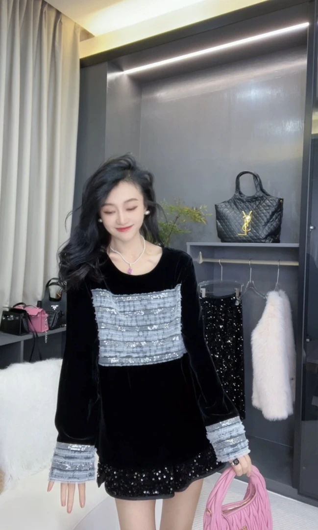 【真丝丝绒】亮片上衣女  新款洋气网纱百搭拼接长袖撞色上衣圆领