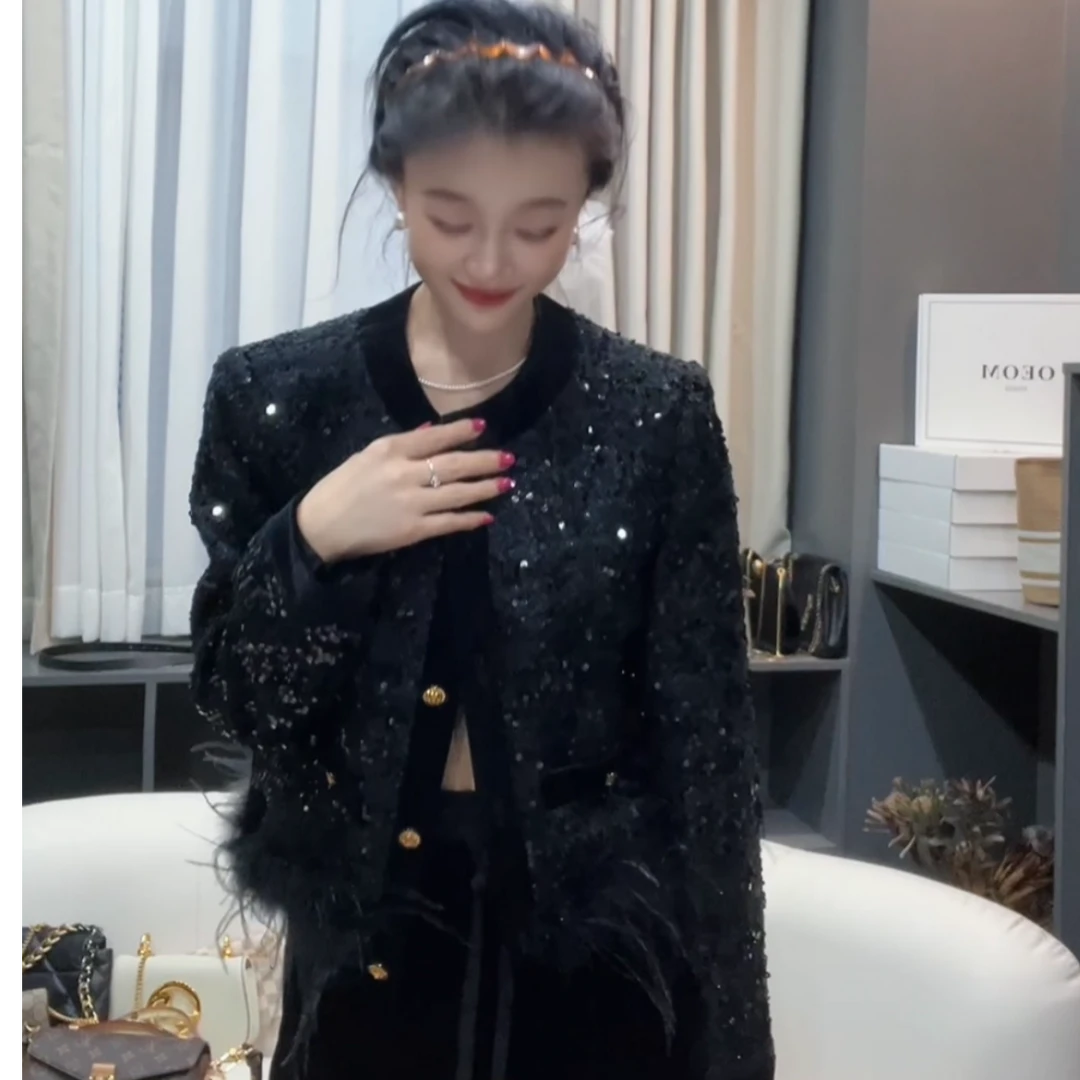 高质感气质亮片小香风外套 可拆卸毛毛拼接粗花呢秋季女外套